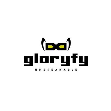 Logo von Gloryfy mit dem Slogan "Unbreakable". Gelbe Elemente und stilisierte Schrift.