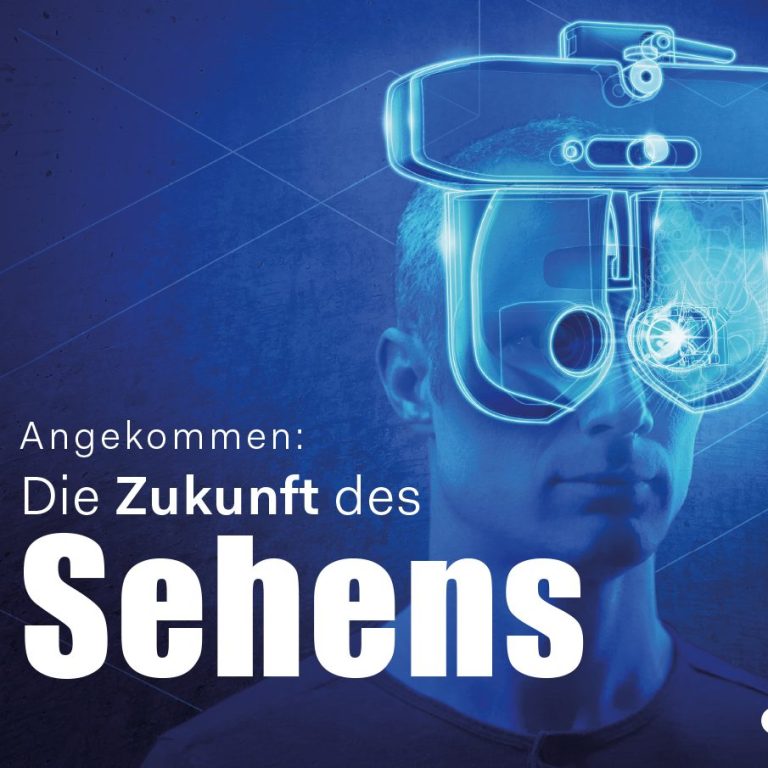 Mann mit innovativen Sehhilfen, futuristische Technologie zur Verbesserung des Sehens.